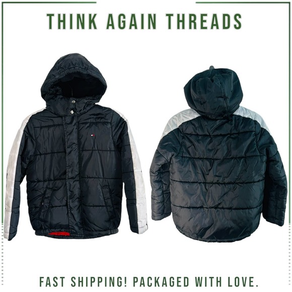 Tommy Hilfiger Kid's Quilted Colorblock Hooded Puffer Jacket Black Size 8 - Picture 1 of 12